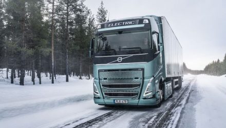 Electric Volvo truck driving in snow