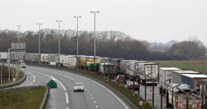 Lorry queue on motorway outside Calais