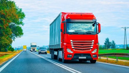 Red lorry on a road