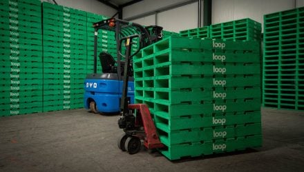 Green LOOP pallets in a warehouse