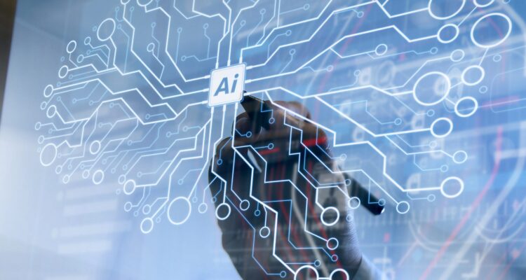 Artificial Intelligence (AI),machine learning with data mining technology on virtual dachboard.Double Exposure,Businessman hand working concept. Documents finance graphic chart.