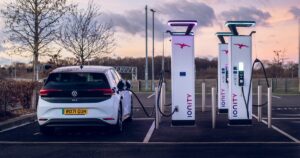 Car being charged up at a public charging point