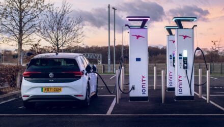 Car being charged up at a public charging point