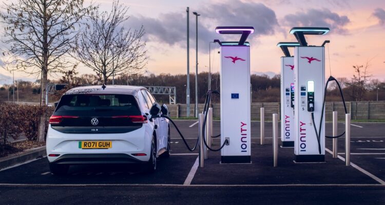 Car being charged up at a public charging point