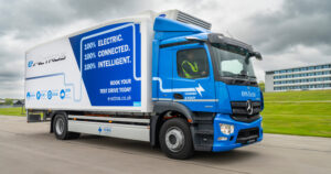 Fridge-bodied eActros electric truck.