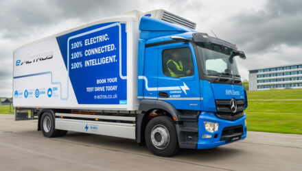 Fridge-bodied eActros electric truck.