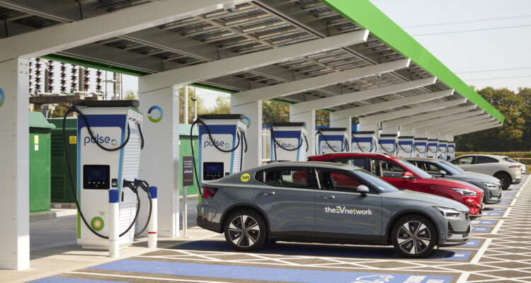 Cars being Charged at bp pulse Gigahub at the NEC Centre Birmingham
