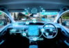 empty cockpit of vehicle. HUD(Head Up Display) and digital instruments panel, autonomous vehicles. right hand drive.