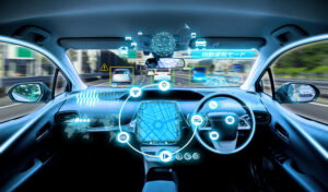 empty cockpit of vehicle. HUD(Head Up Display) and digital instruments panel, autonomous vehicles. right hand drive.
