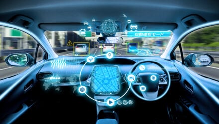 empty cockpit of vehicle. HUD(Head Up Display) and digital instruments panel, autonomous vehicles. right hand drive.