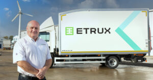 Gerald Galvin, managing director of ETRUX with MEV75, the new 7.5 tonne electric truck approved for use in the UK.