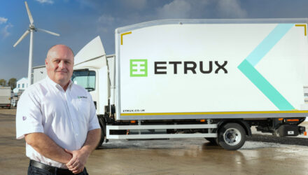 Gerald Galvin, managing director of ETRUX with MEV75, the new 7.5 tonne electric truck approved for use in the UK.