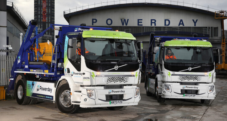 Two Volvo FE Electric skip loaders