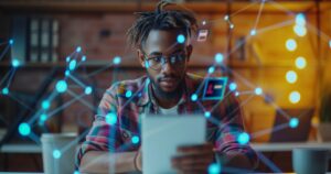 Man working on an AI powered laptop