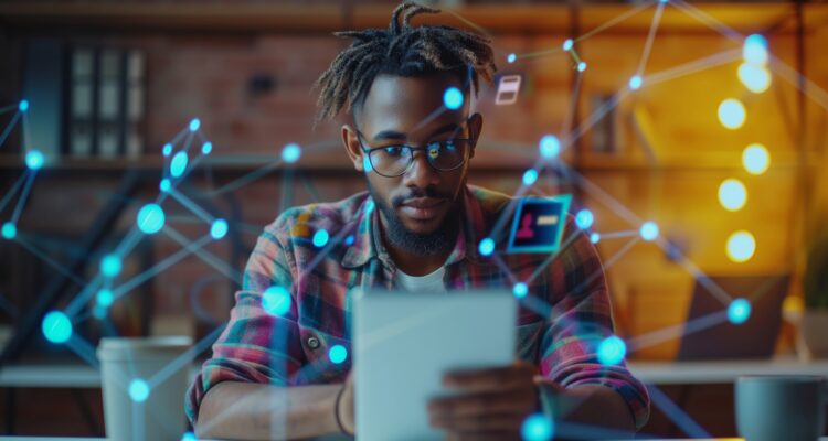 Man working on an AI powered laptop