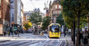 Manchester street with a tram