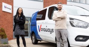 Liam Nicholas of Vanaways with Cordelle Gaffney of Fleetmaxx with a Vanaways van