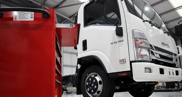 Isuzu truck in a maintenance bay