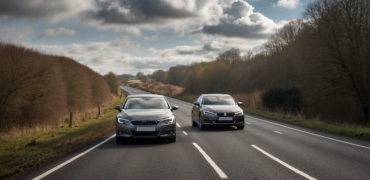 two cars on the road in the uk on a motorway