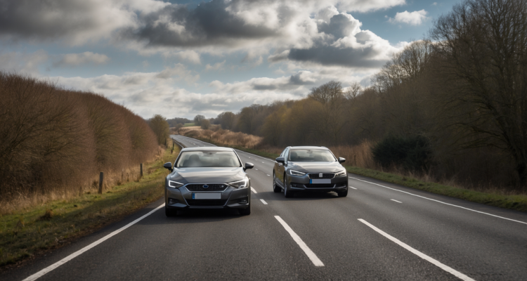 two cars on the road in the uk on a motorway