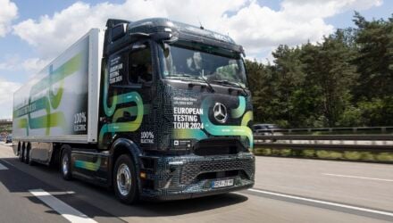 One of two near-series prototypes of the new electric flagship Mercedes-Benz eActros 600 which are traveling across Europe as part of the “eActros 600 European Testing Tour 2024”.