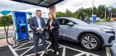 Simon Cowling, Lead Director, EV at SSE Energy Solutions, with Fiona Hyslop, Scottish Cabinet Secretary for Transport to the new Myrekirk EV Charging Hub in Dundee, Thursday 11 July 2024.