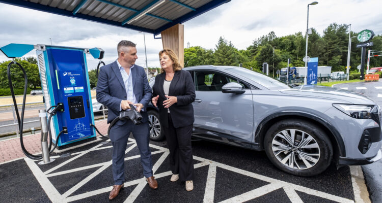 Simon Cowling, Lead Director, EV at SSE Energy Solutions, with Fiona Hyslop, Scottish Cabinet Secretary for Transport to the new Myrekirk EV Charging Hub in Dundee, Thursday 11 July 2024.