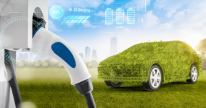 Green car at a charging point