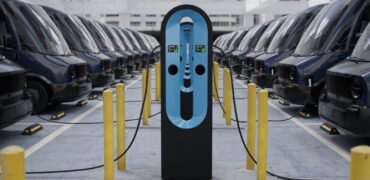 Modern electric EV delivery vans are being charged in company parking garage