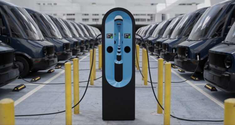 Modern electric EV delivery vans are being charged in company parking garage