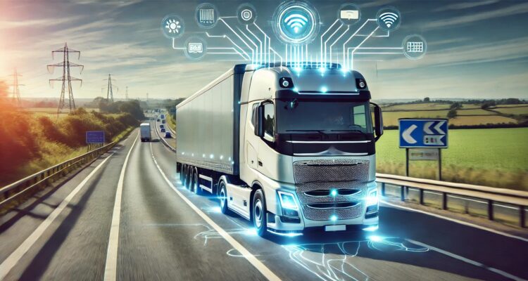 A generated image of a modern lorry equipped with AI technology