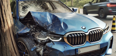 Crashed blue BMW at the centre of an Insurance Fraud