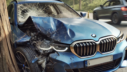 Crashed blue BMW at the centre of an Insurance Fraud