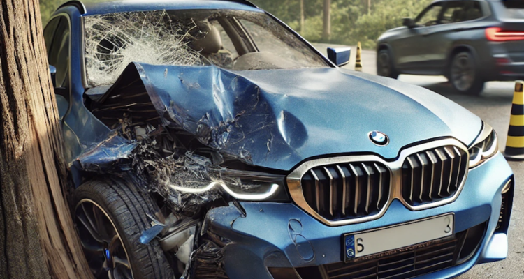 Crashed blue BMW at the centre of an Insurance Fraud