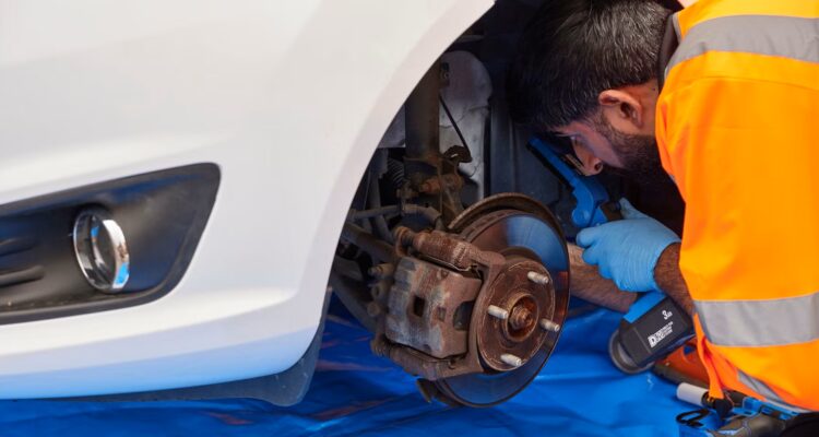 RAC mechanic checking brakes on a car