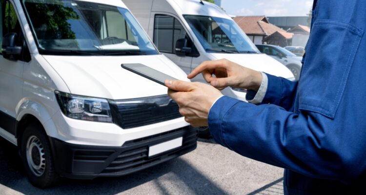 Manager with a digital tablet in the background of Vans.