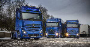 Casterton’s new Mercedes-Benz Actros L 2558 lines up alongside the operator’s previous pair of Mercedes-Benz tractor units