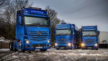 Casterton’s new Mercedes-Benz Actros L 2558 lines up alongside the operator’s previous pair of Mercedes-Benz tractor units