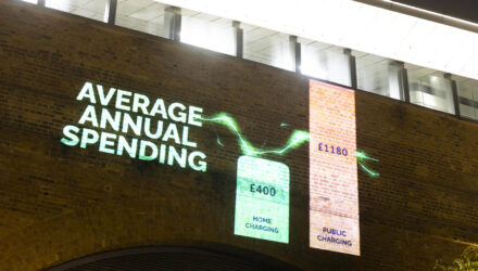 A view of an animation projected onto a flat building at London Bridge as part of a campaign by ChargeGuru UK highlighting the inequitable access to home chargers for millions of people living in flats.