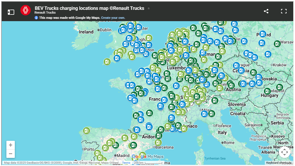 Renault Trucks maps public charging hubs for electric trucks in Europe